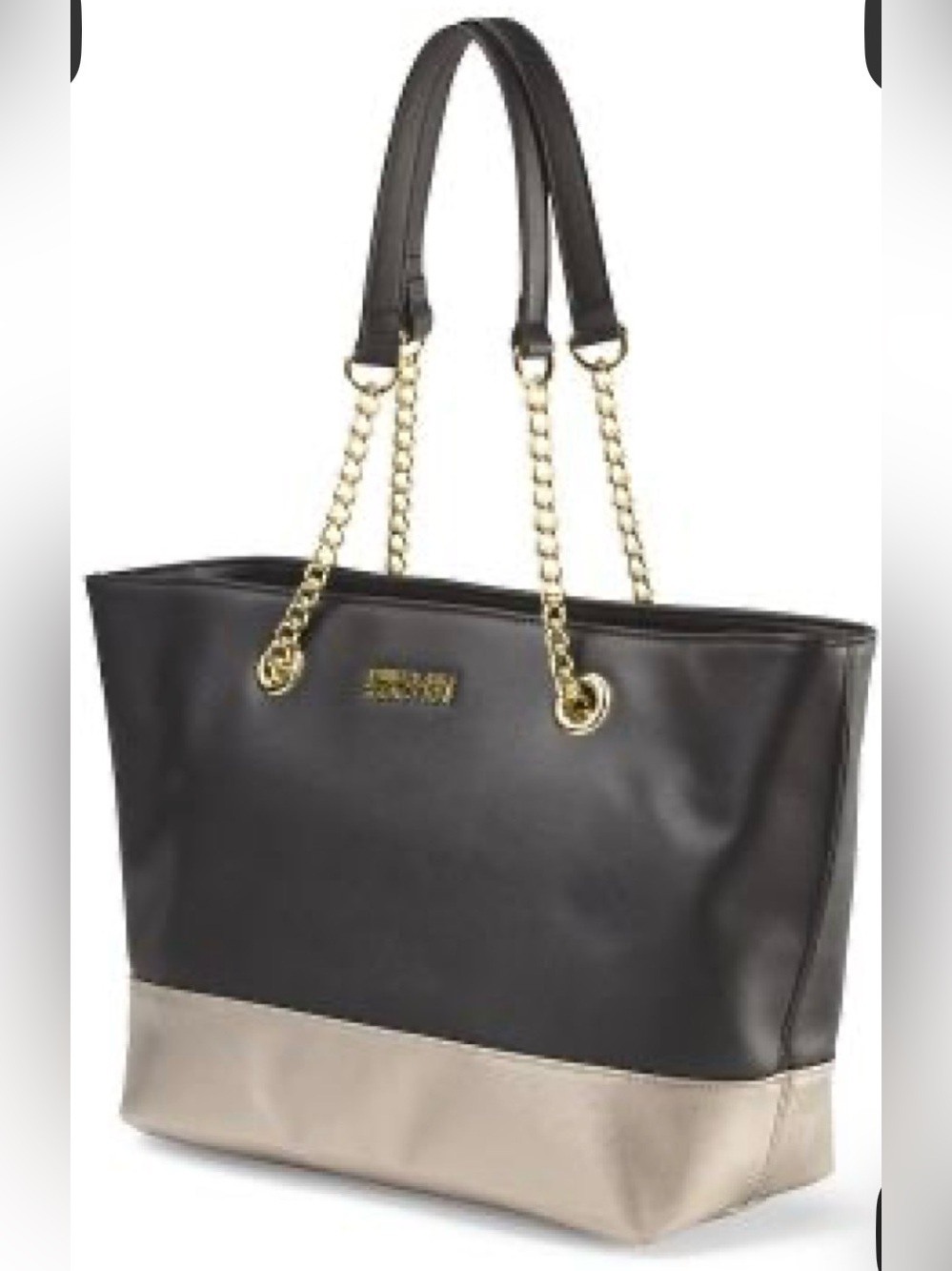 Kenneth Cole Reaction Multiplier Chain Shopper Tote Bag Black Gold Metallic